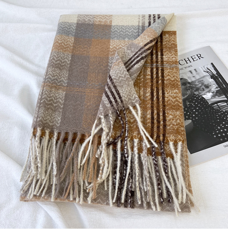 围巾女秋冬季跨境高级感仿羊绒格子流苏披肩学生加厚保暖围脖批发详情15