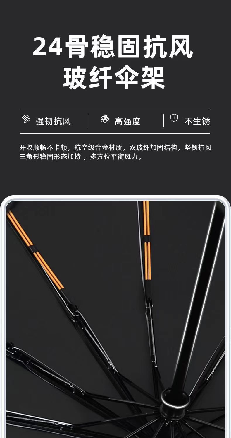 24-bone fully automatic reinforced black rubber umbrella, sun umbrella, folding umbrella, sunshade, sun umbrella, all-weather and all-weather sunshade pic 3