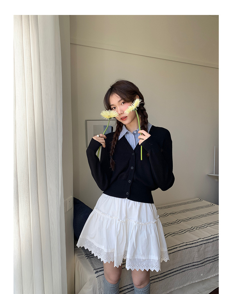 【jisoo风假两件】歌铭韩版POLO领针织开衫女2025秋季上衣X8207F详情22