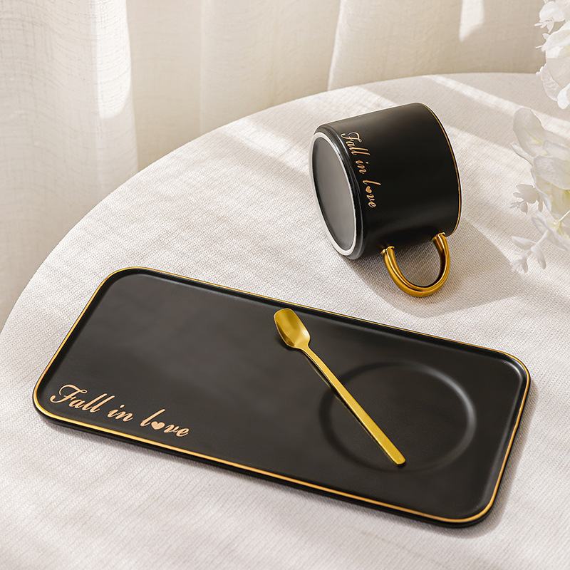 欧式轻奢黑白色描金陶瓷杯 带勺托盘碟套装马克杯 陶瓷水杯男女