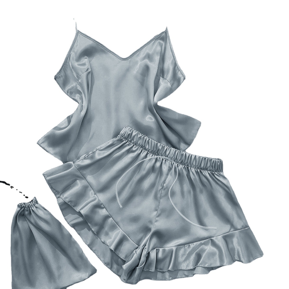 A simple and casual three-piece set of silk-like spaghetti-strap home wear, ice silk backless spaghetti-strap shorts set, and sexy pajamas for women Item Picture