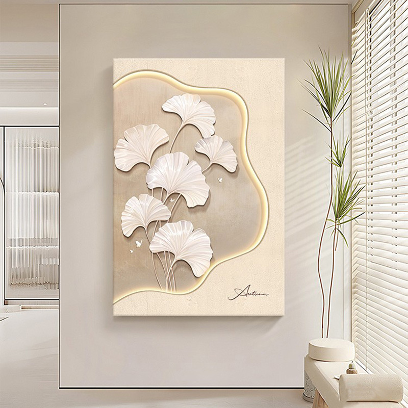 法式奶油风客厅装饰画银杏叶沙发背景墙挂画高级简约入户玄关壁画