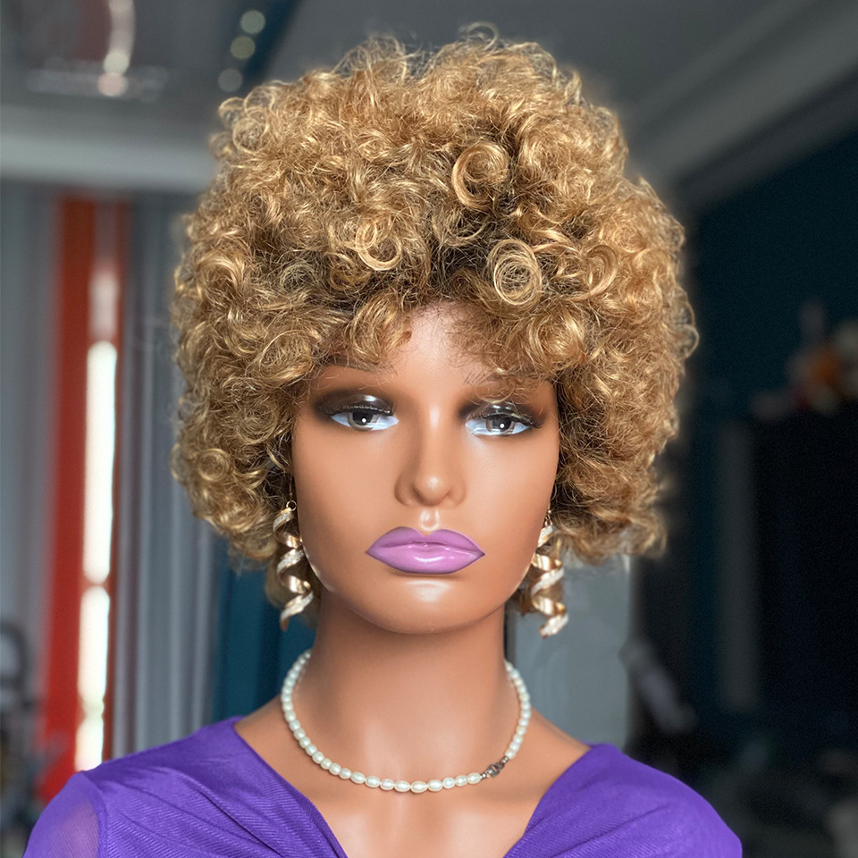 Short ombre brown big afro curly human hair wigs 真人发