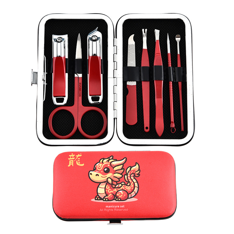 Chinese-style zodiac dragon stainless steel nail clippers set, nail tools, slanted nail pliers, complete set of 8 pieces for nail care Item Picture