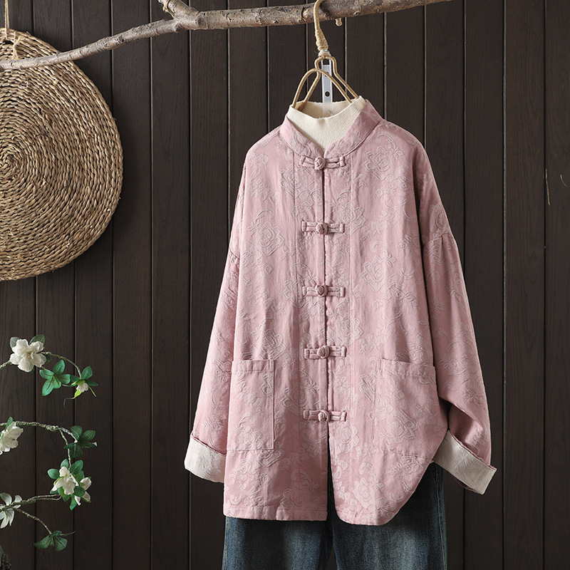 A Chinese-style cotton and linen button-up top for women, featuring a retro and artistic Chinese style with a front-opening, button-up, stand-up collar and long-sleeved cotton and linen shirt coat details Picture