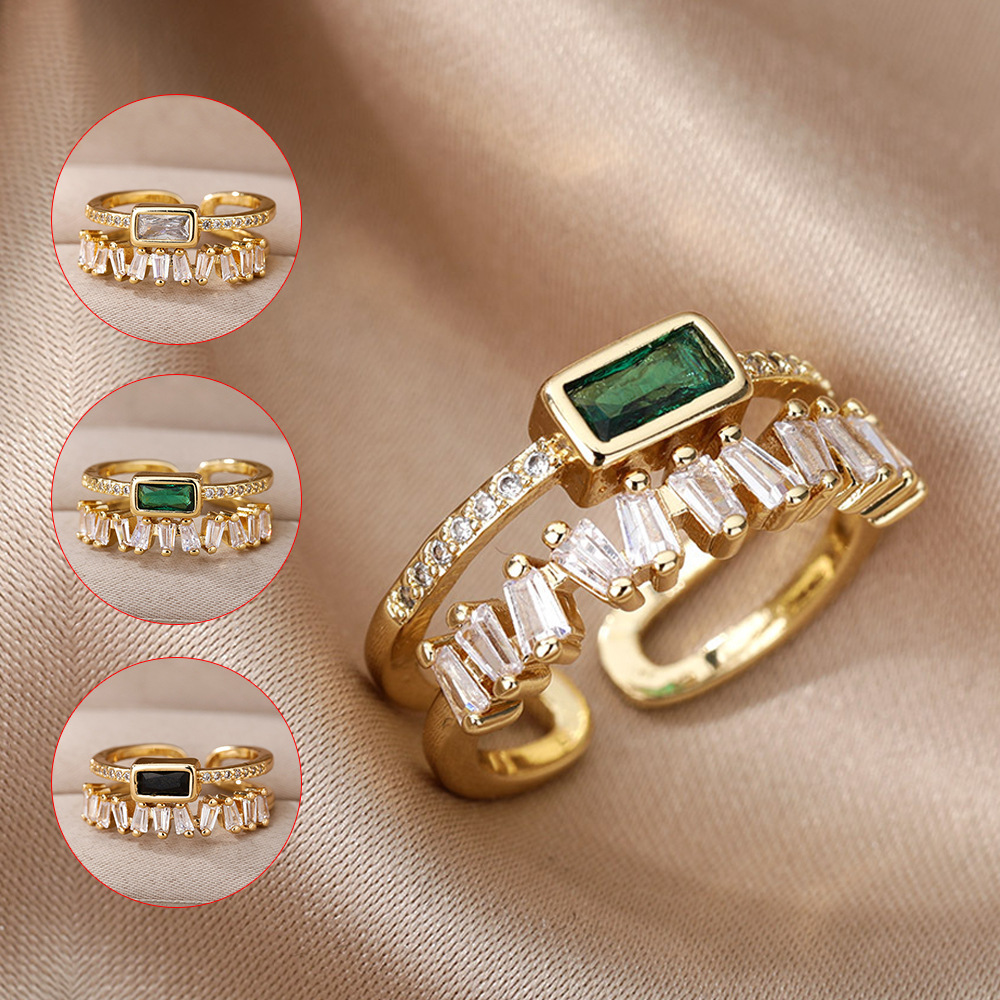 Kimoj's New Ring, Cross-Border Jewelry Supply From Europe And America, Geometric Double-Layer Ring, Slightly Set Zircon Ring, T-Shaped Zirconium Retro And Fashionable Tail Ring For Women
