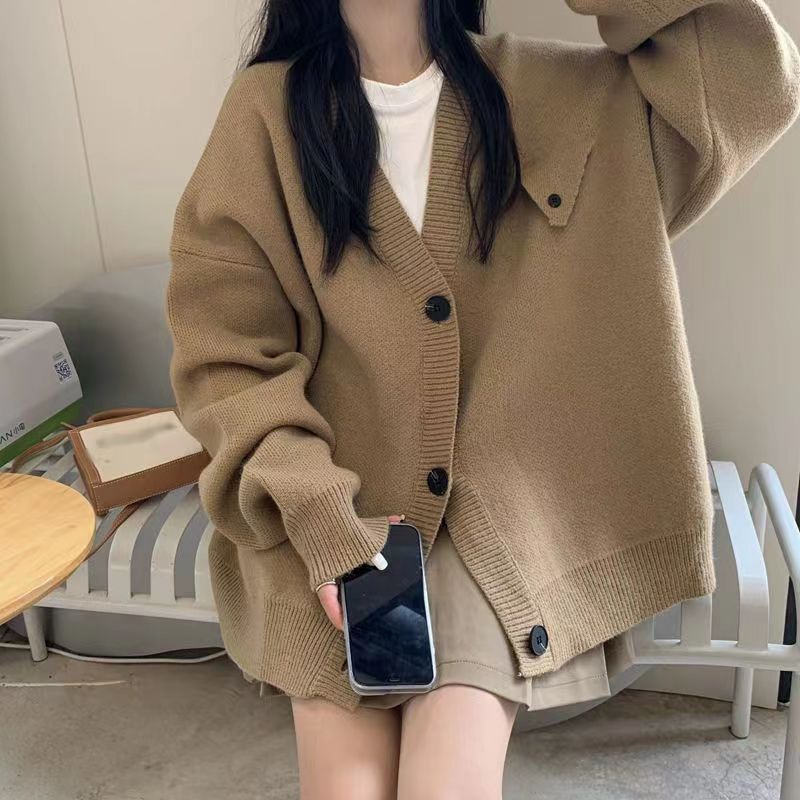 The new design sense of solid color loose V-neck single breasted cardigan women