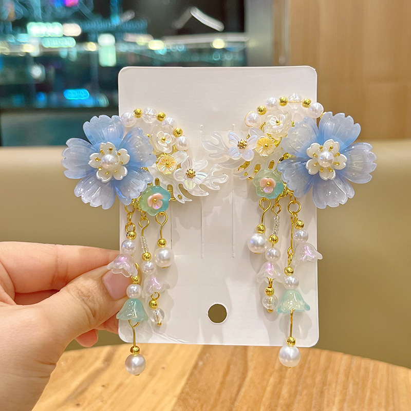 Children's Antique Hair Accessories Super Fairy Retro Flower Fringe Hairpin Temperament Little Girl Hanfu Headwear Chinese Style Accessories Specification drawing
