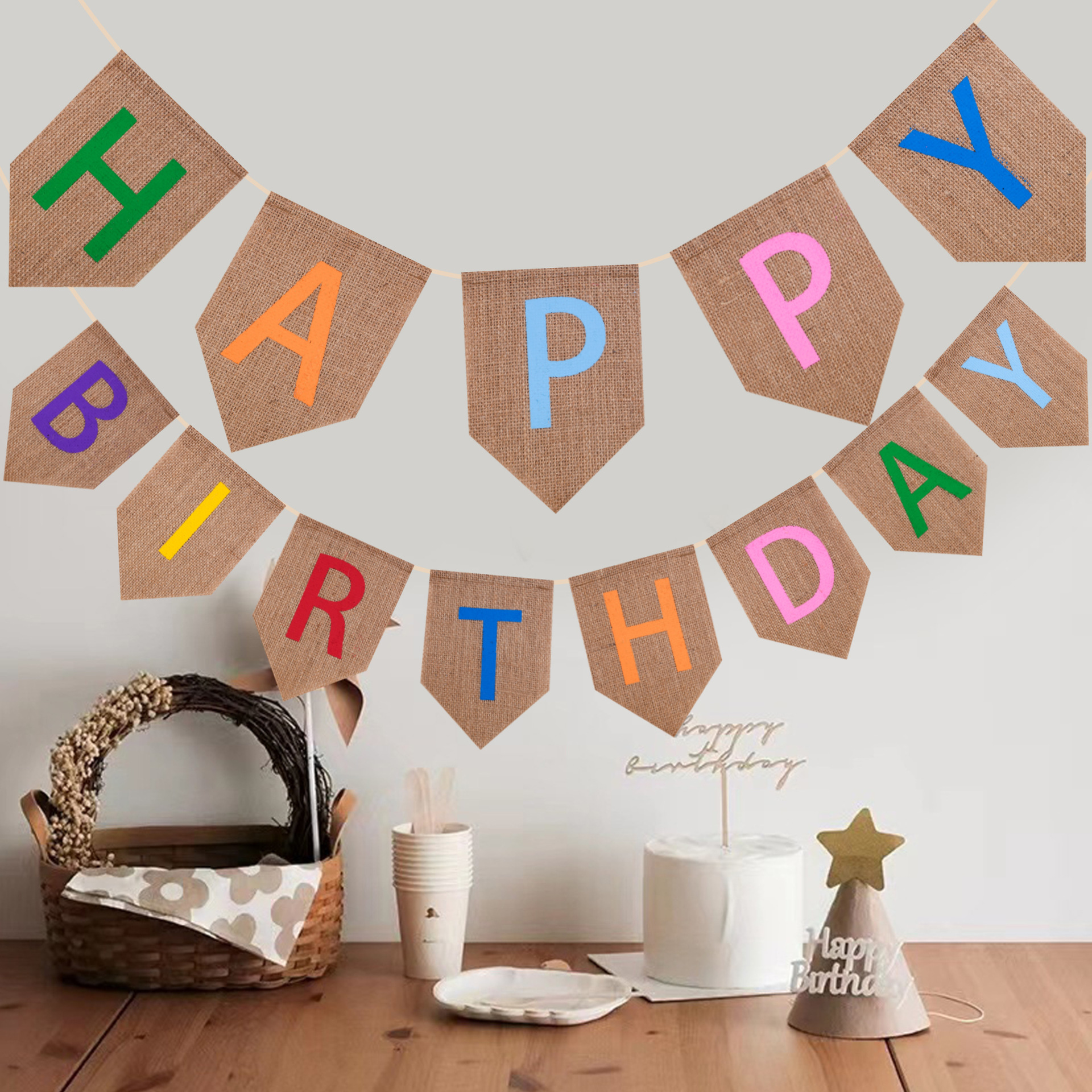 Factory direct supply of BIRTHDAY party decoration flags with mixed colors, HAPPY BIRTHDAY shield-shaped flags and linen flags