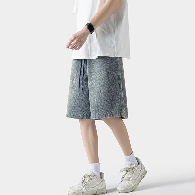 FUIV retro washed denim shorts summer thin solid color straight-leg wide-leg trendy mid-length pants for teenagers details Picture