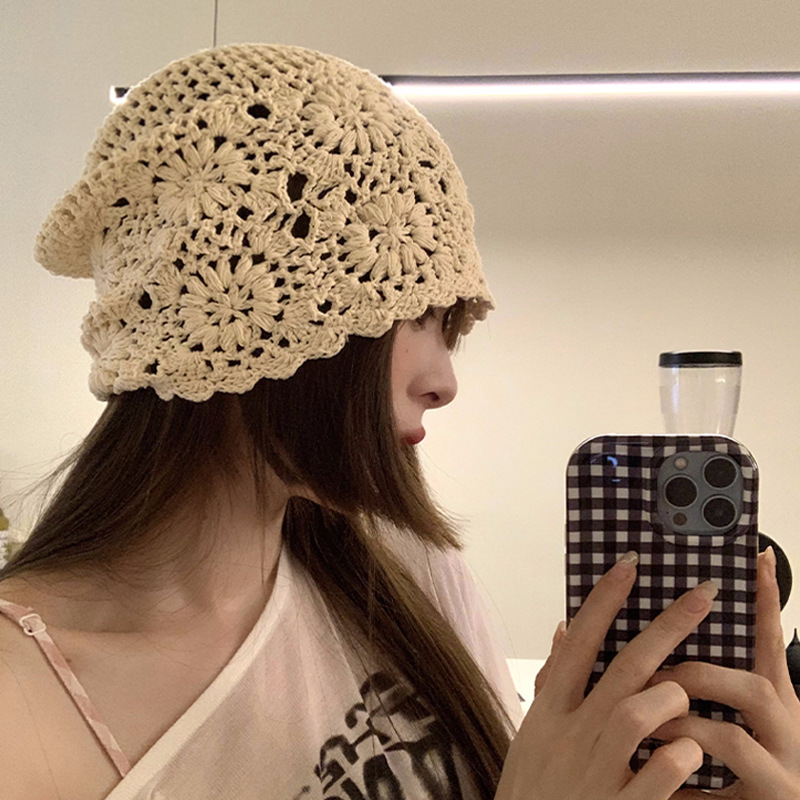 Brand [Sondona] Knitted cap, Japanese-style hand-woven headband cap, women's spring and autumn thin hollow woolen cap, retro large brim, artistic knitted cap details Picture