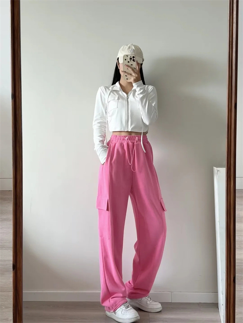 European and American style high-waisted slimming women's work pants, personalized pocket long pants, 2022 autumn new loose drawstring sport pants Specification image