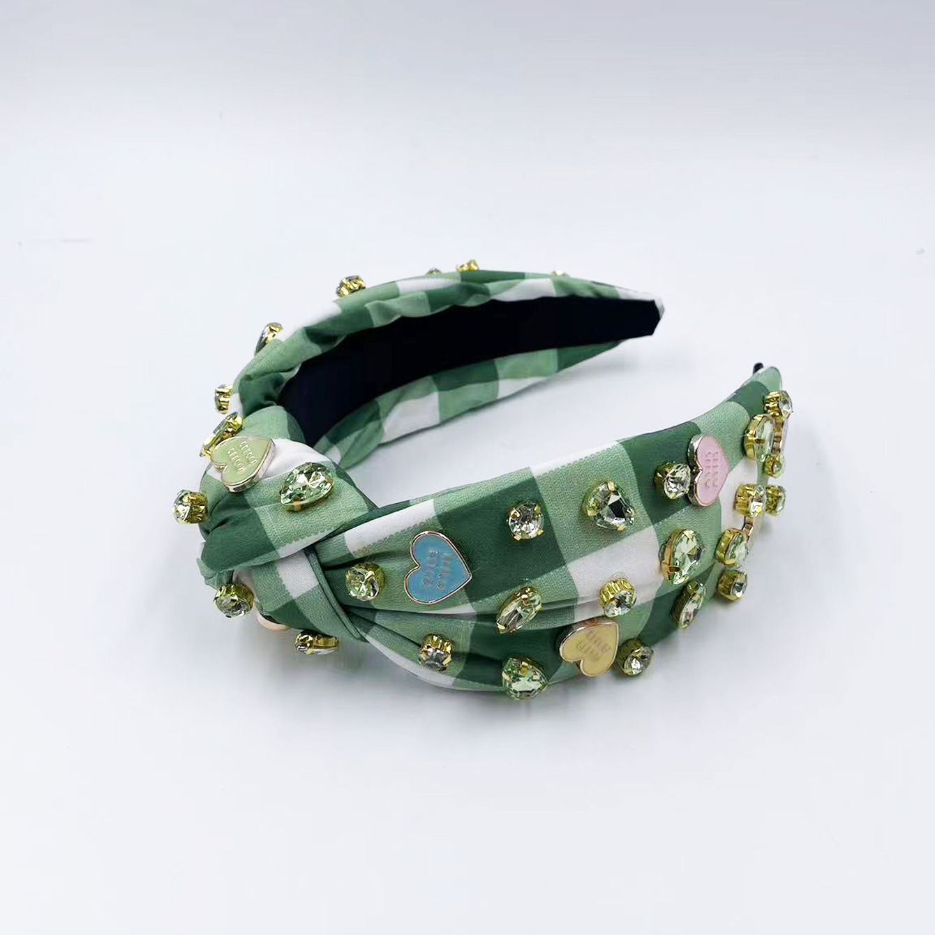 Exclusive Qiwei Accessories, Exclusive Qiwei Accessories, Exclusive original new Valentine's Day diamond-encrusted heart-shaped accessories, checkered fabric, fashionable knot, high head, sweet headband, hair band Application Scenario