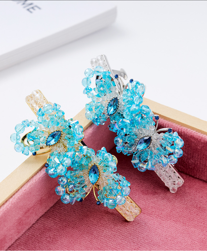 蓝水晶水晶蝴蝶手工发夹女韩国高级感精致串珠一字弹簧夹气质发饰详情9