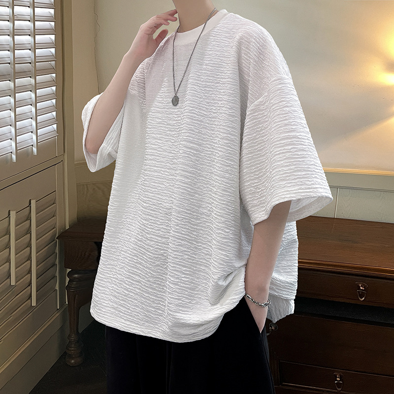 Hong Kong-style three-dimensional horizontal stripe, Chanel style, off-the-shoulder loose, men's 5-inch large size, versatile half-sleeved, ins Korean style short sleeved Item Picture