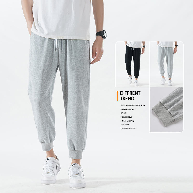 Wholesale of pure cotton men's 9-inch pants, loose, casual and sporty sweatpants, a trendy brand of summer breathable thin 9-inch pants