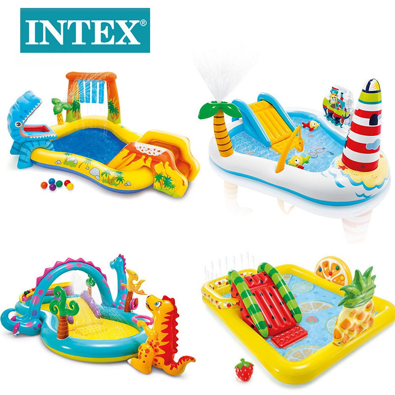 INTEX原装儿童充气戏水池夏季玩水喷水滑梯水池卡通造型水池