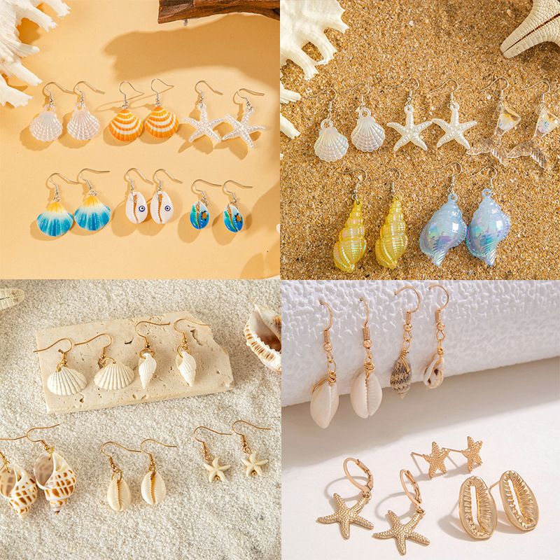 欧美跨境波西米亚贝壳海星耳环套装沙滩风海螺扇贝耳环耳坠饰品女