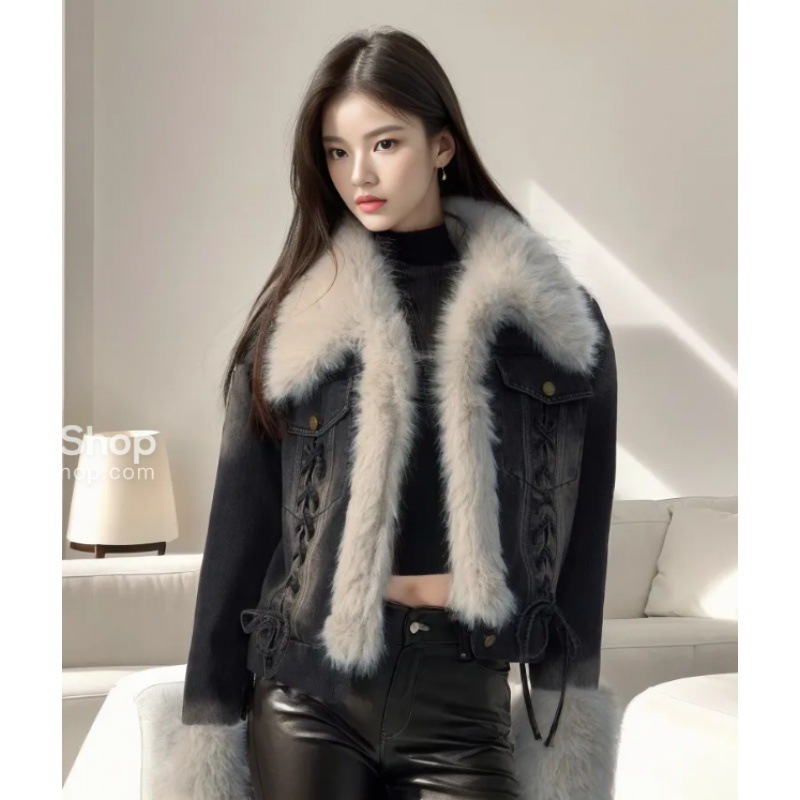 Spice Girl Woolly Stitching Strap Washed To Make Old Denim Jacket Feel Autumn Winter Cotton-Padded Coat Application Scenario
