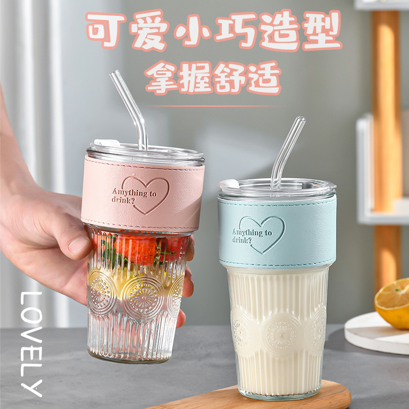 Ins-style embossed glass straw cup, heat-insulating leather case coffee cup, office water cup, milk tea juice cup, beverage cup details Picture