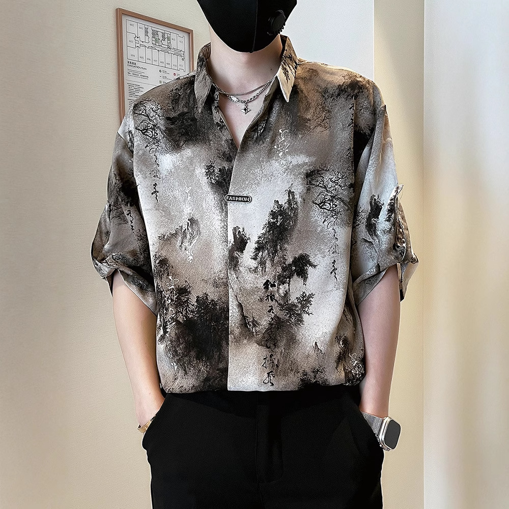 新中式国风衬衫男短袖休闲痞帅水墨扎染衬衣2025新款男士夏装上衣