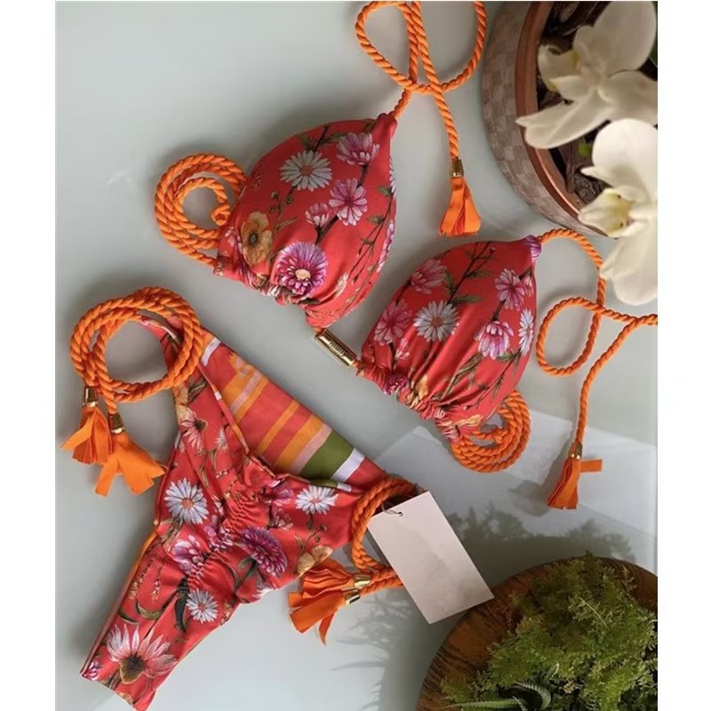The 2022 new cross-border swimwear for women, bikini wheel printing manufacturer, is selling the popular knitted rope printed swimwear in foreign trade Item Picture