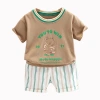 2022 Summer New Style Boys' Cool round-neck Bear short-sleeved set, children's T-shirt, striped casual Pants two-piece set Item Picture