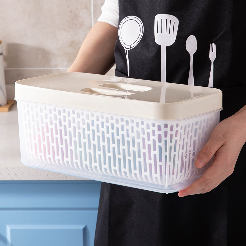 Multi-layer draining hand-held vegetable washing baskets, double-layer covered draining baskets, food storage boxes, household refrigerators, food storage boxes, kitchen plastic wholesale details Picture