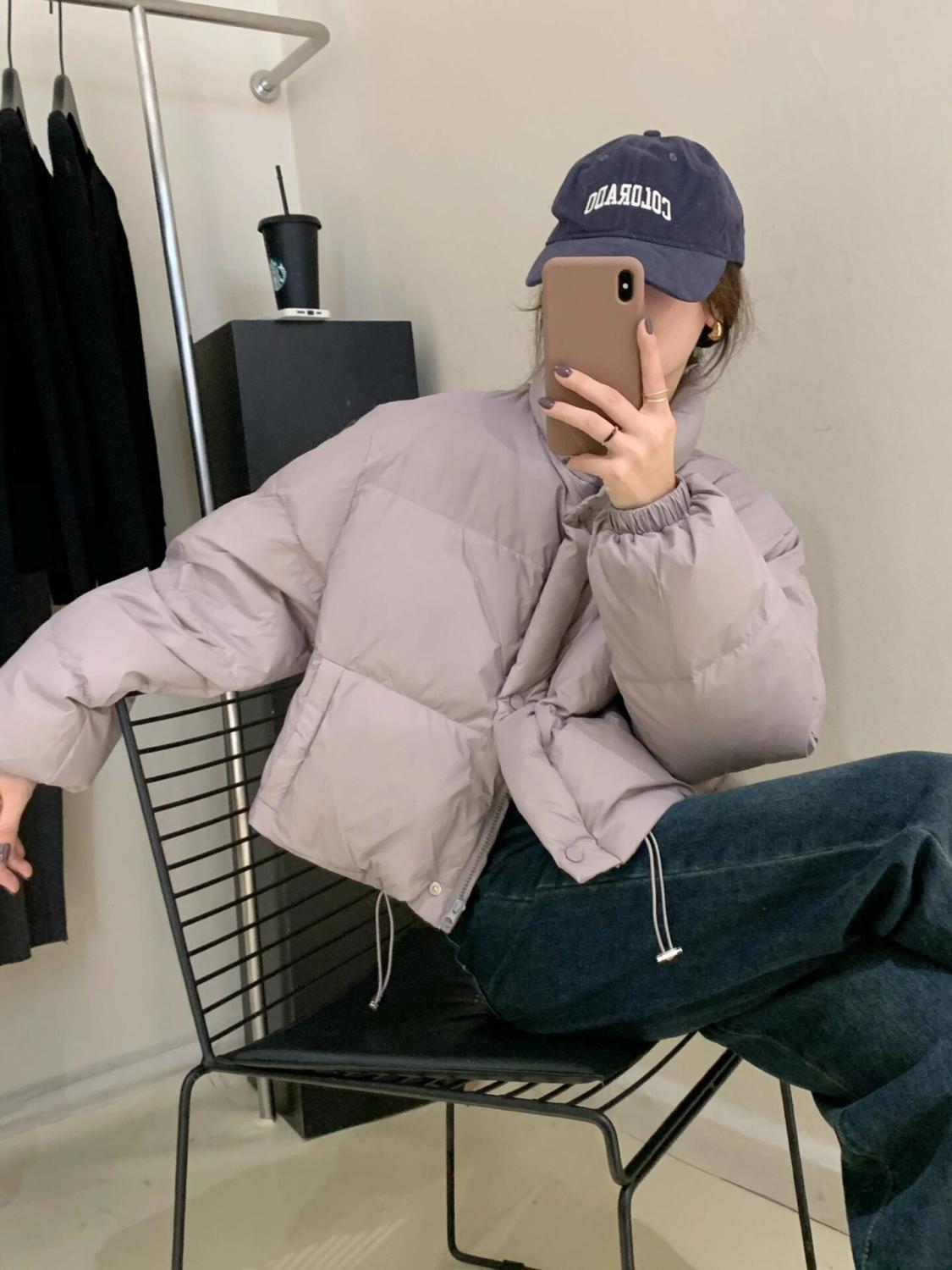 In the winter of 2025, the Korean version of the new down jacket for women features a short stand-up collar, loose and thick white duck down coat for petite women pic 8