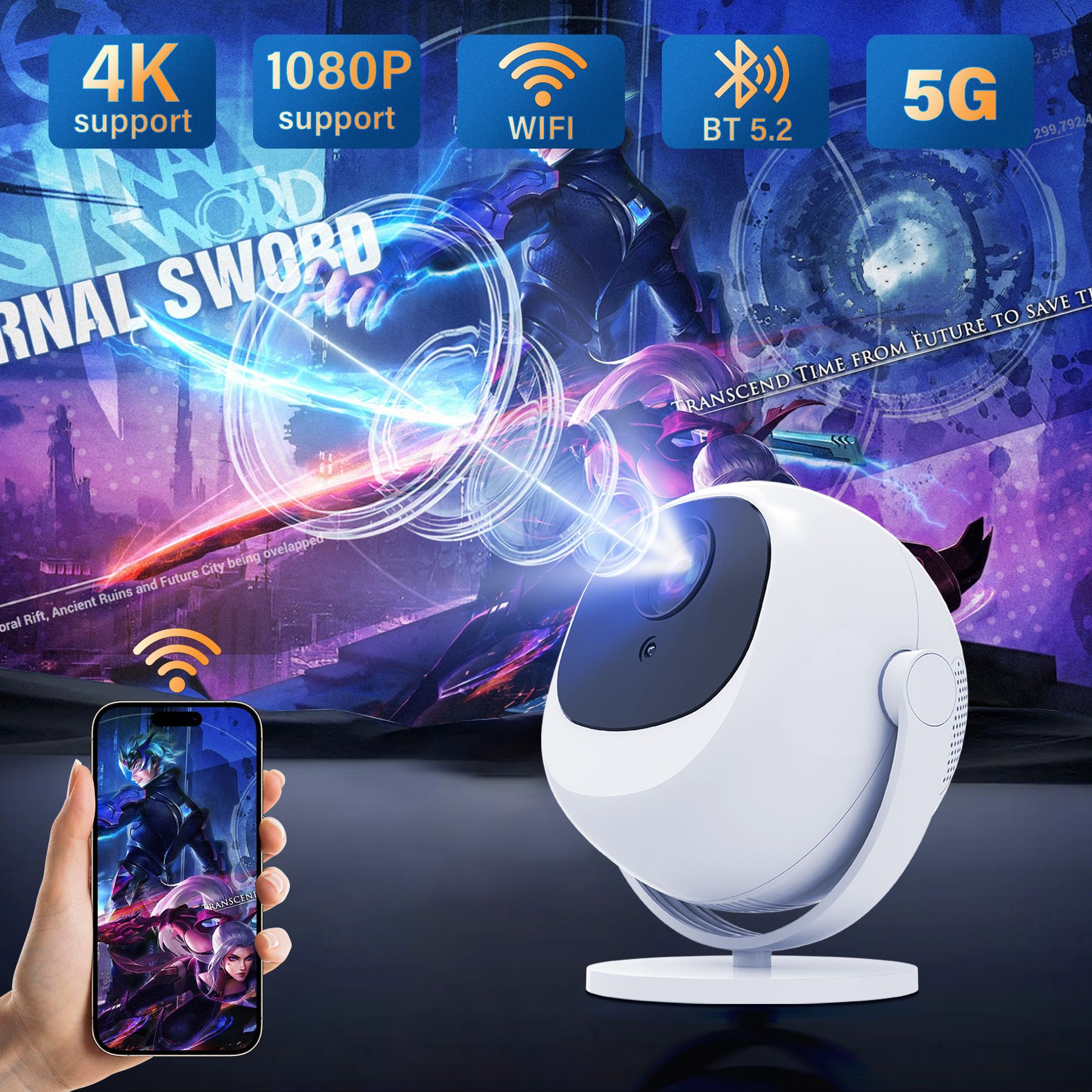 Cross-Border L360 Foreign Trade Edition Smart Spherical Projector Android 11 Bluetooth 5G Dual-Band High-Definition 4K High-Definition Projector