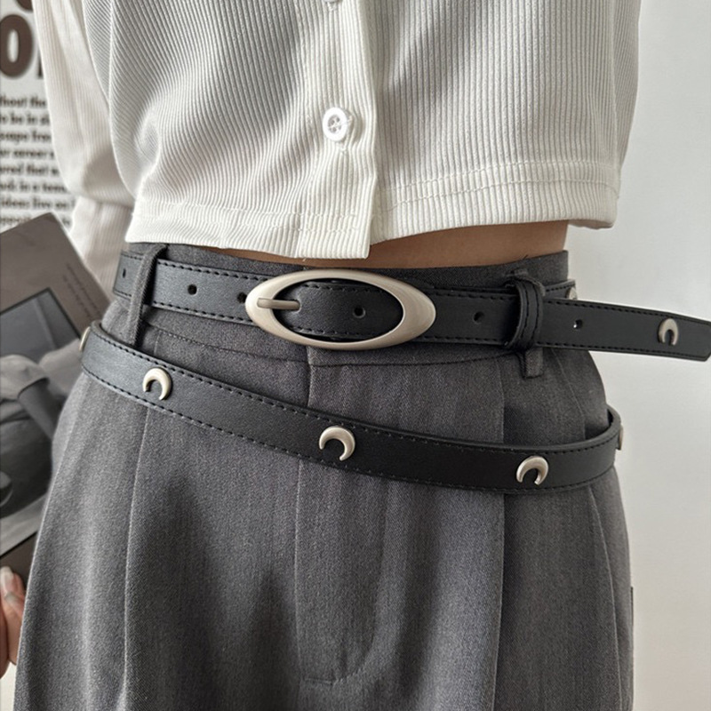 Design sense niche belt Female crescent rivets personality embellished jeans with unisex punk black belt