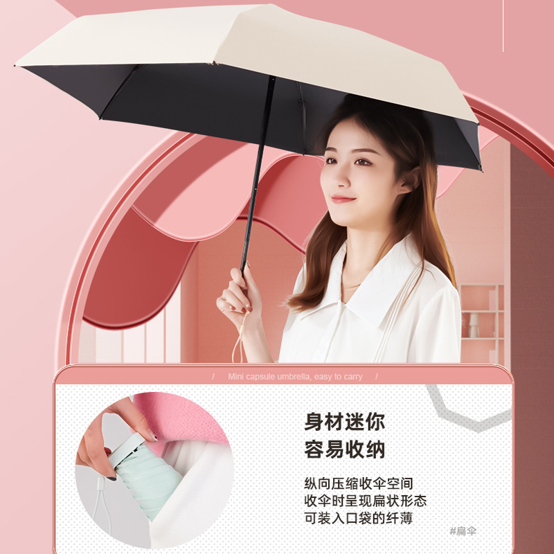 Black vinyl natural light lightweight capsule umbrella with card case, portable sun protection and UV protection, all-weather and all-weather capsule umbrella, flat six-fold umbrella Specification image