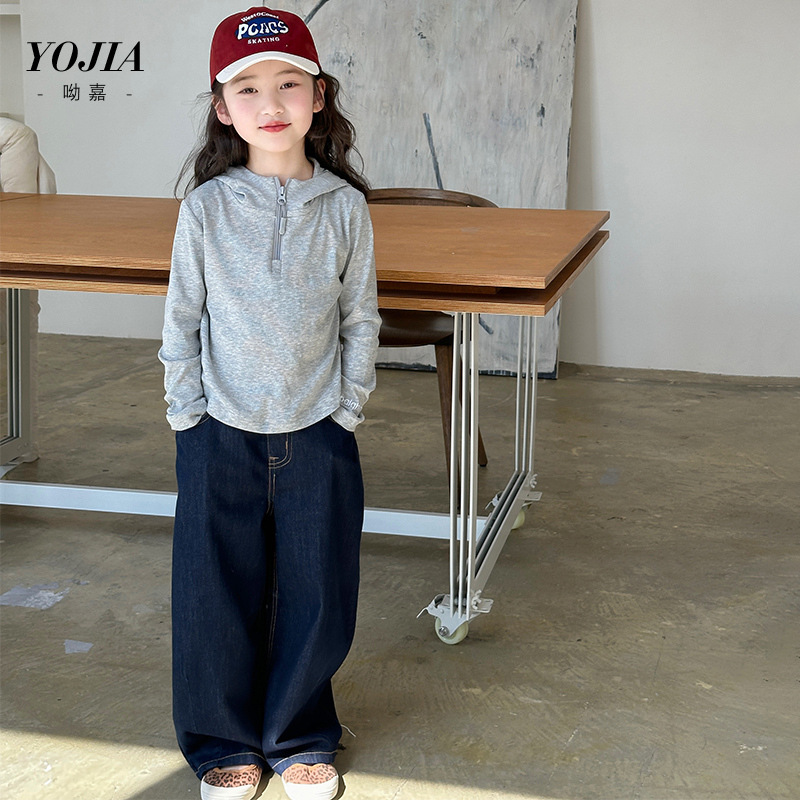 女童T恤春季2025新款韩范修身小女孩连帽上衣儿童长袖春装