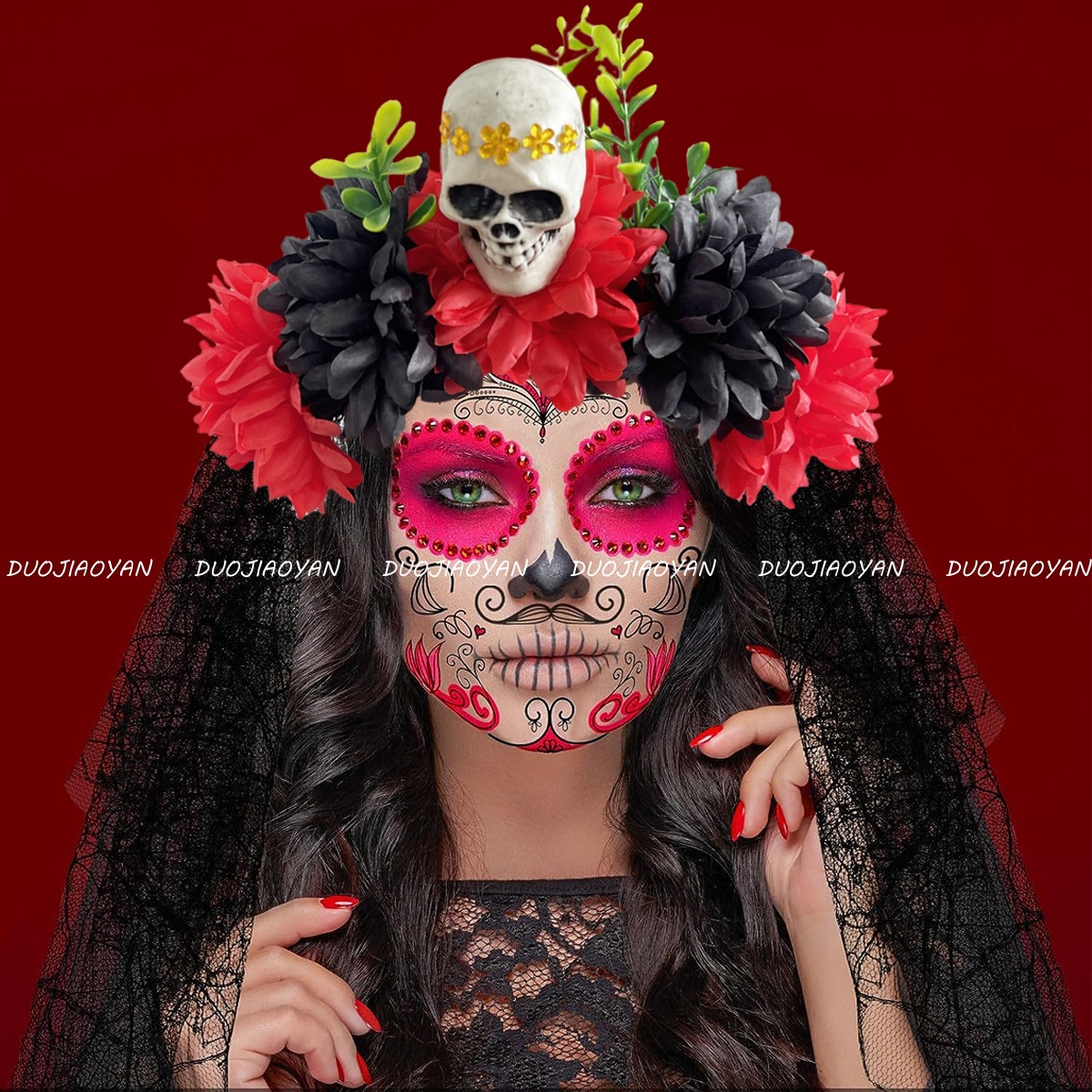 Cross-border Amazon's new Halloween headband, color simulation flower veil headband, Day of the Dead skull headwear Specification drawing