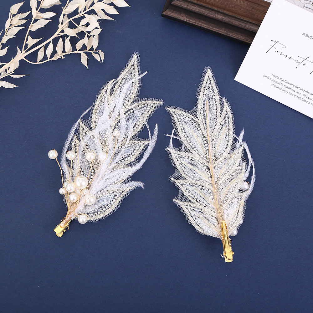 Senmeisen Feather Edge Clip Hair Accessory Bridal Wedding Headdress Vintage Style Pearl Hairpin Wedding Photo Accessory Specification drawing