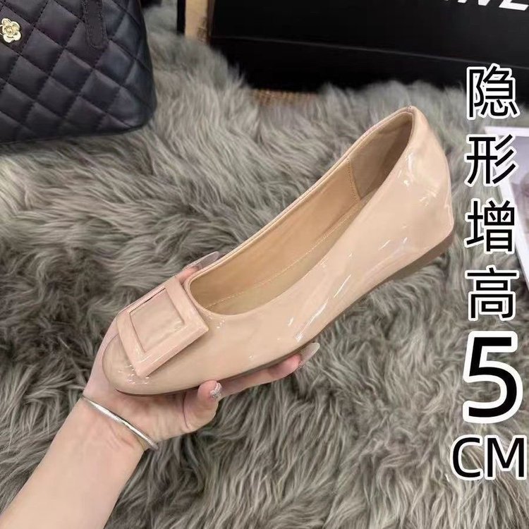 小个子增高裸色方扣浅口单鞋女2025春季新款法式圆头时尚皮鞋