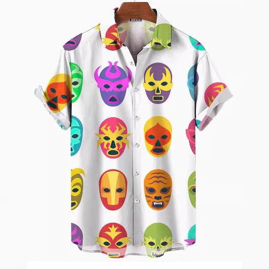 European and American cross-border men's loose 3d digital facial mask printed shirt, fashionable, individual, breathable, summer Halloween short-sleeved