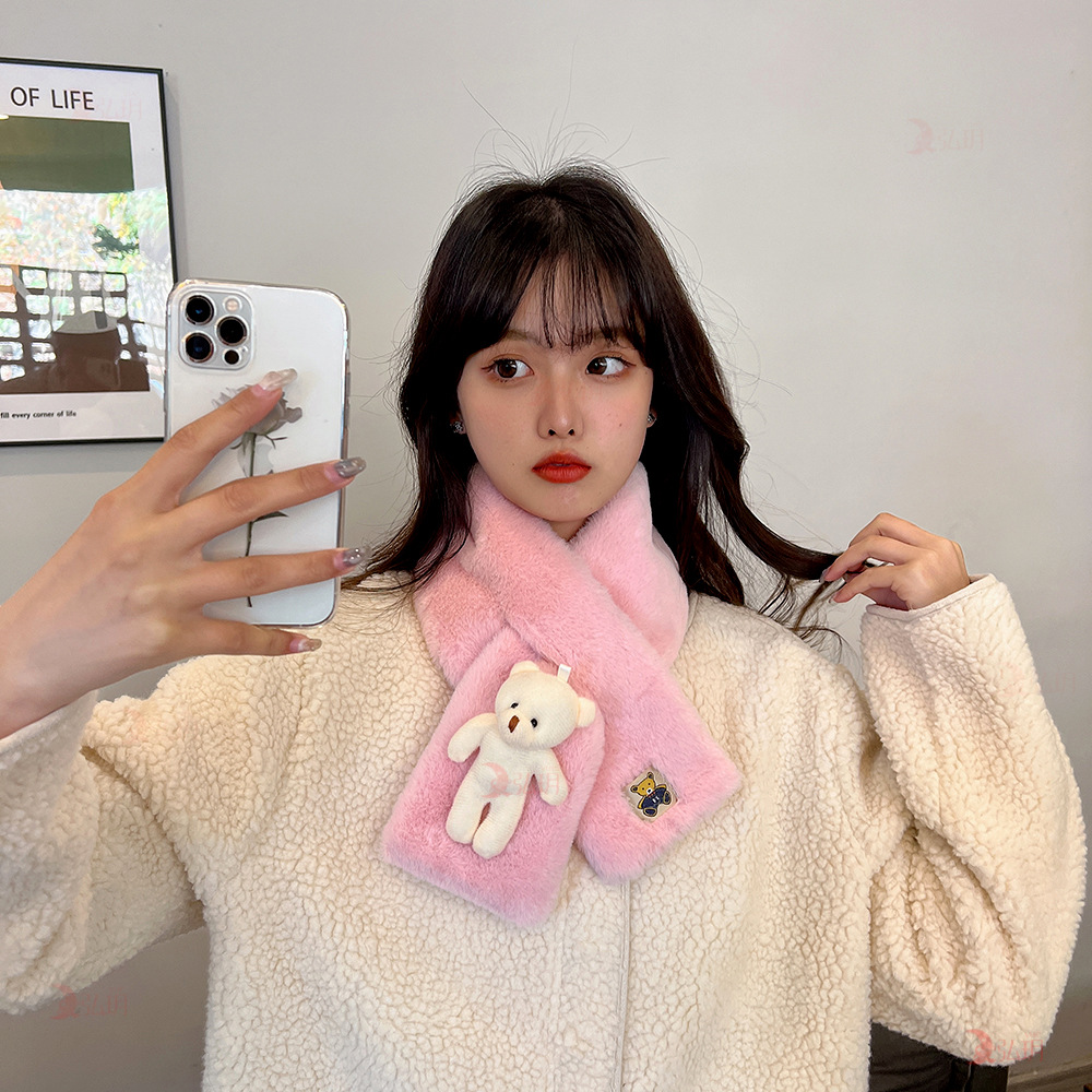 Parent-Child Korean Version Of The Winter Cute Cartoon Little White Bear Plush Scarf New Warm And Thick Girls All Cross Neck details Picture