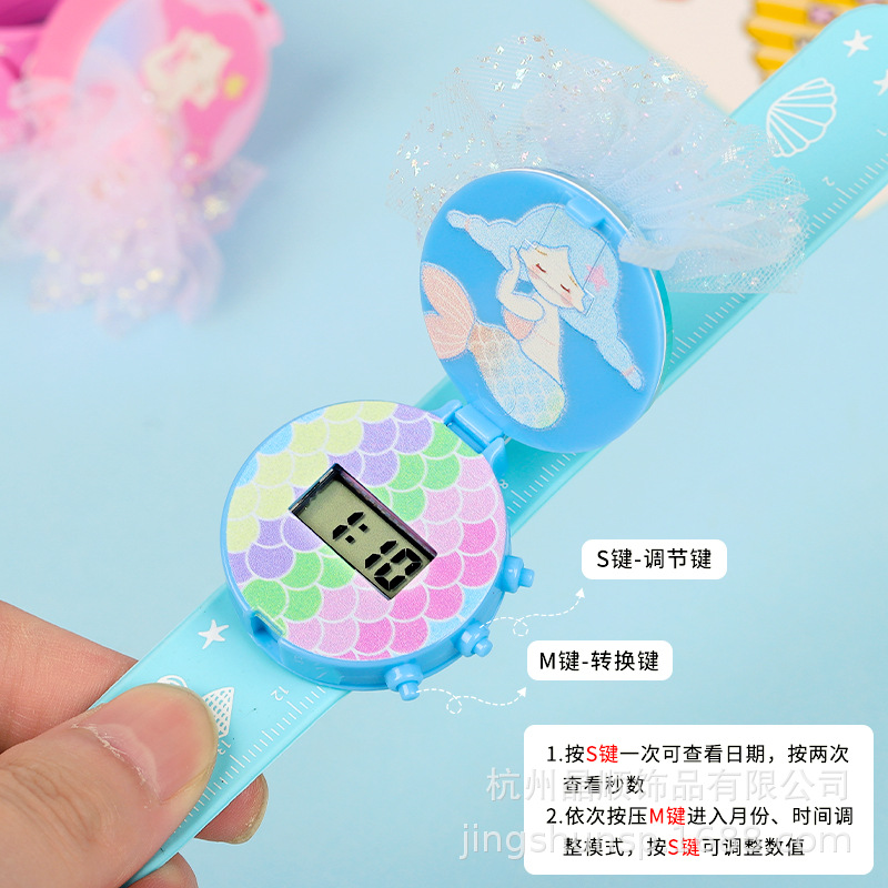 Cartoon chiffon dress, girl electronic watch, children's bracelet, wrist strap, pat watch, girl baby toy, birthday present details Picture