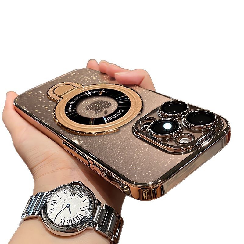 Fulcrum electroplated starry sky glitter is suitable for iPhone16 phone cases, magnetic stand, and transparent full hard cover for iPhone 15 Item Picture