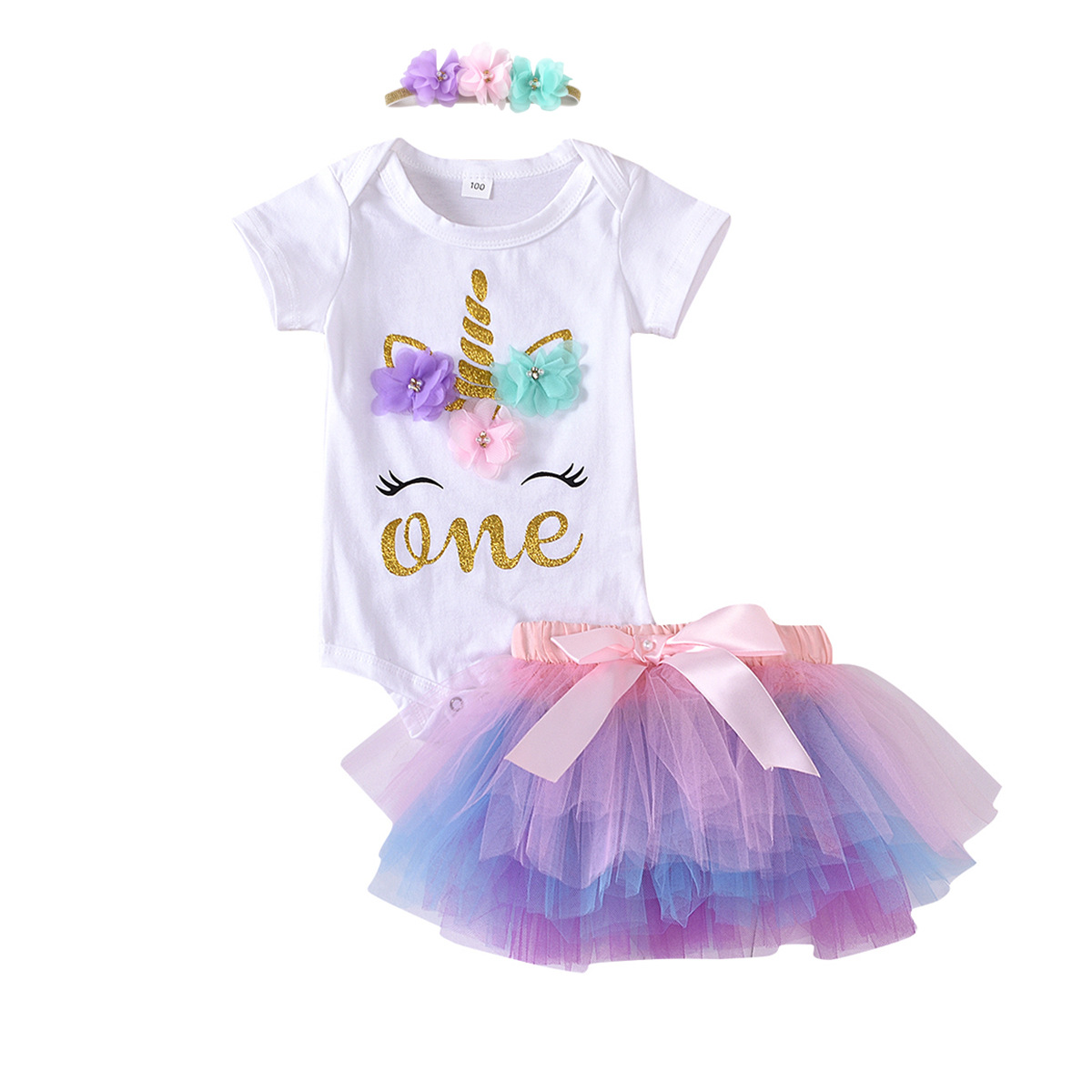 2022 New Summer one-year-old baby Unicorn Birthday Clothing, 3-piece net chiffon skirt set Item Picture