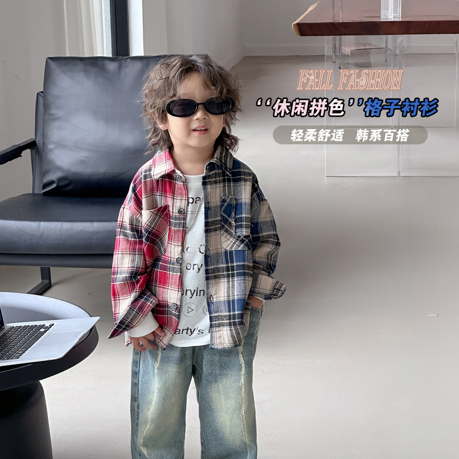Boys' autumn top, baby Korean children's clothing 2024 autumn new style multicolor checked shirt, children's fashion long sleeves