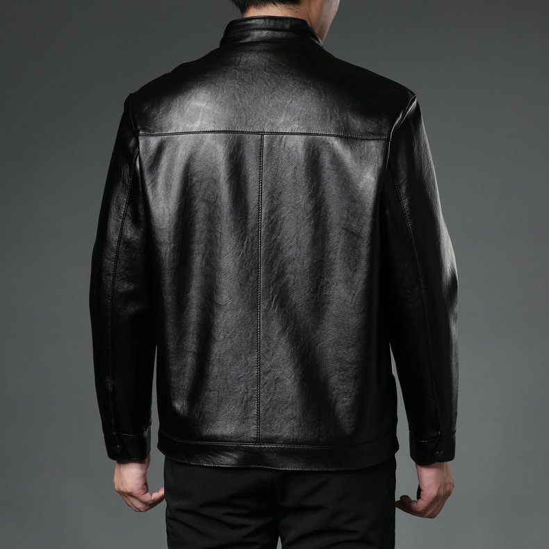 2022 Autumn/Winter PU fleece men's leather jacket with stand-up collar, leather jacket for middle-aged and elderly men, and leather jacket top details Picture