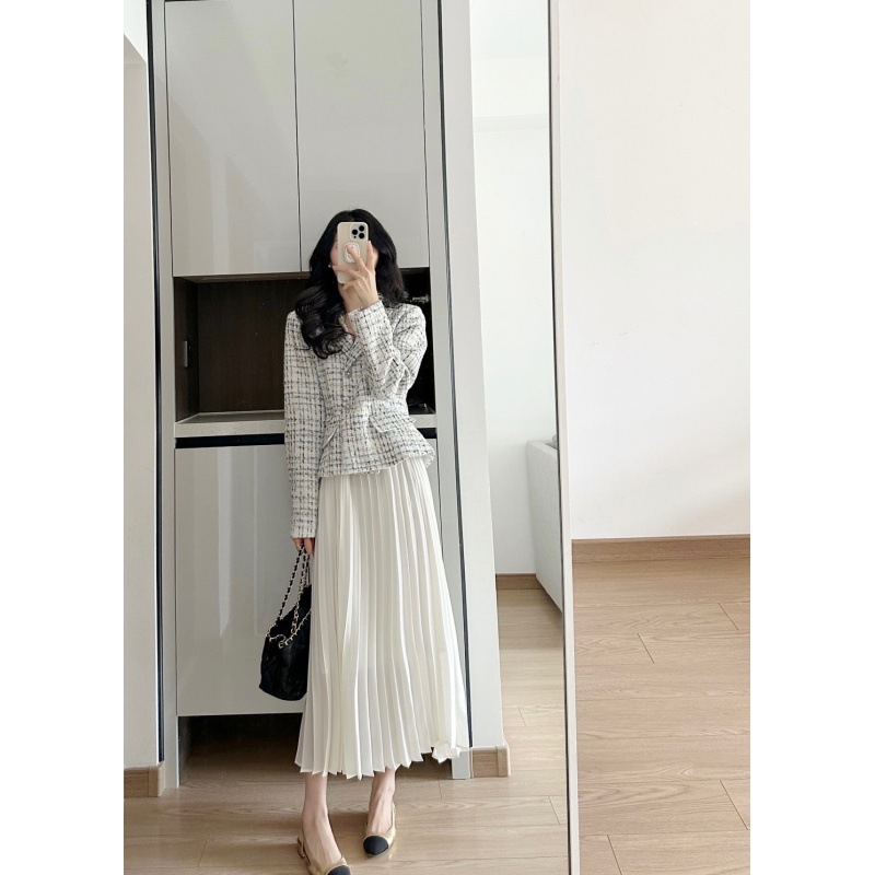 锐达 秋季新款韩版高级感西装领收腰小香风外套+垂感百褶裙两件套图