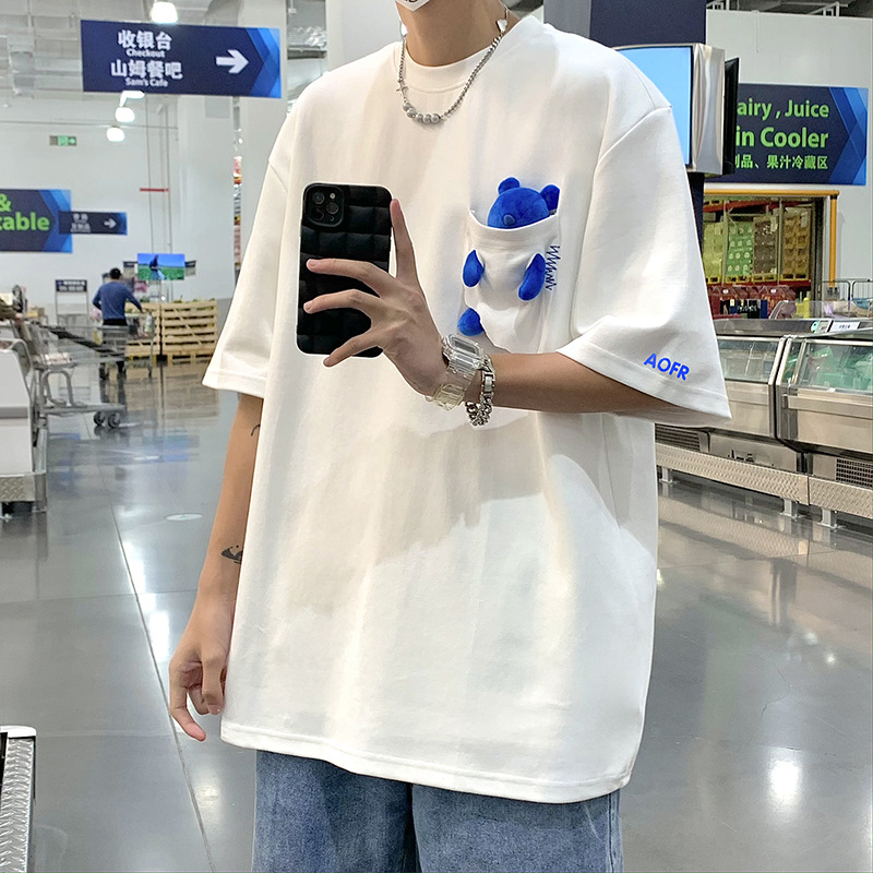 同款夏季设计感口袋小熊短袖上衣服男韩版ulzzang潮牌高街圆领五