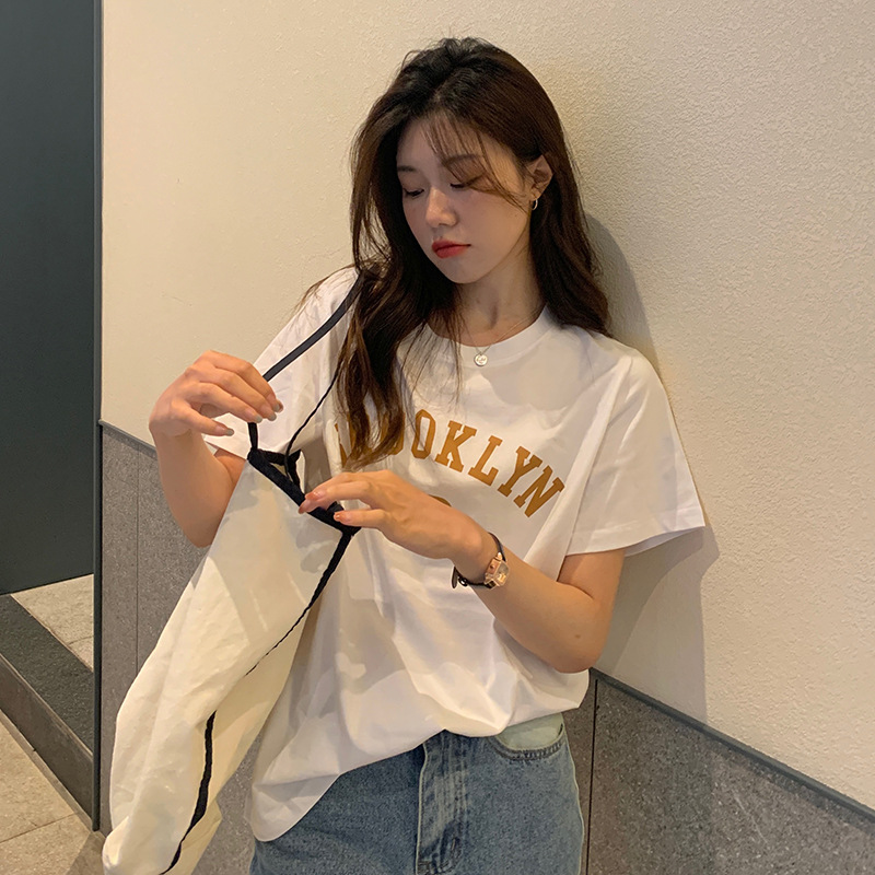 Cotton printed summer loose short-sleeved T-shirt for female students, simple letter Korean style round-neck INS top for women, sent on delivery details Picture