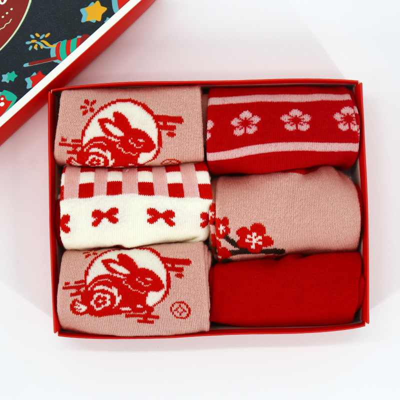 Sock stall, one-piece consignment for the Year of the Rabbit red socks, women's cotton mid-calf socks, New Year's socks gift box set, large red long calf socks, short socks wholesale, one-piece consignment Specification image