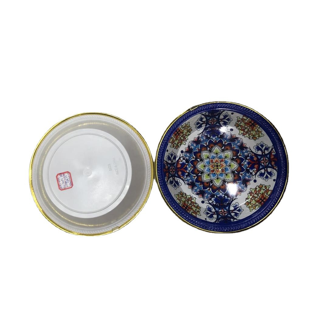 新款圆形水果/包金边水果盘/多种图案花纸白底实物图