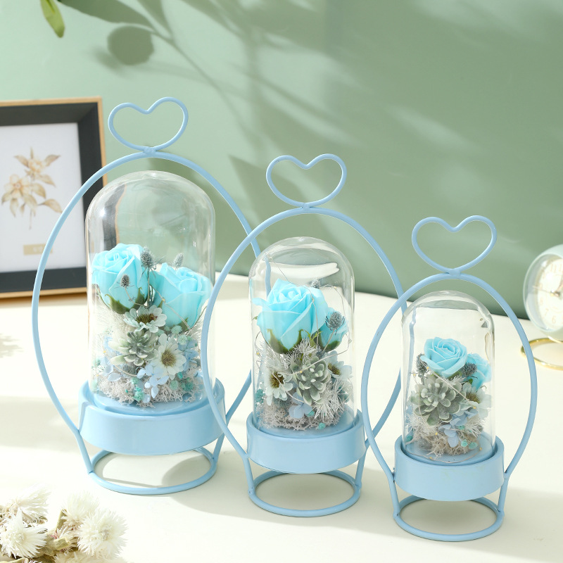 Creative Sun Flower glass cover gift ornaments LED flower basket shape soap flower Tanabata Valentine's holiday gift Specification drawing