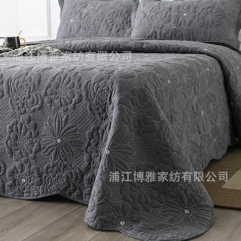 High Quality High-Density Dark Grey Peony Quilted With Pure Cotton Bed Cover Washed Three Piece Cotton Soft Pillowcase Specification drawing